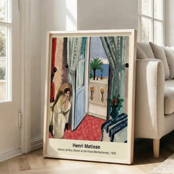 Serene framed poster showcasing an airy Mediterranean interior with soft whites, greens, and terracotta tones, featuring furniture and palm trees in a contemplative modern style.