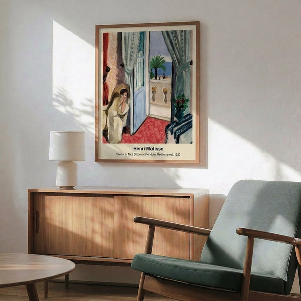 Contemporary framed art featuring a tranquil Nice-inspired interior with blue, ochre, and warm neutrals, evoking leisurely Mediterranean living through impressionist techniques.
