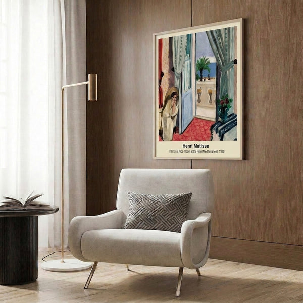 Framed wall poster of a luminous Mediterranean room interior with green plants, doors opening to light, and a calming palette of terracotta, blue, and cream in modern impressionist style.