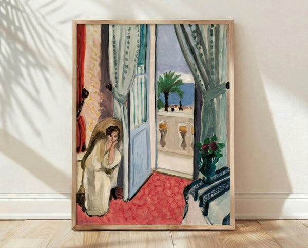 Matisse Interior at Nice framed poster featuring a serene hotel room with soft blues, greens, and warm ochre tones capturing Mediterranean light and modernist interior design.