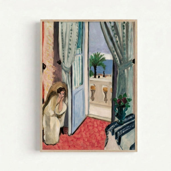 Framed art print of Henri Matisse's intimate hotel interior scene with flowing lines, vibrant color blocking, and a contemplative atmosphere evoking the Côte d'Azur.