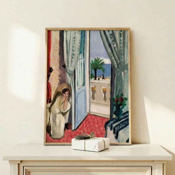 Contemporary framed print of Matisse's Nice interior featuring soft geometric shapes, warm and cool color harmonies, and a peaceful, introspective mood.