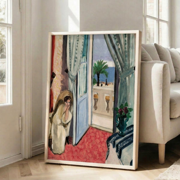 Matisse poster art showing a sunlit hotel room interior with loose brushwork, balanced color palette of blues and earth tones, and a calm, refined aesthetic.