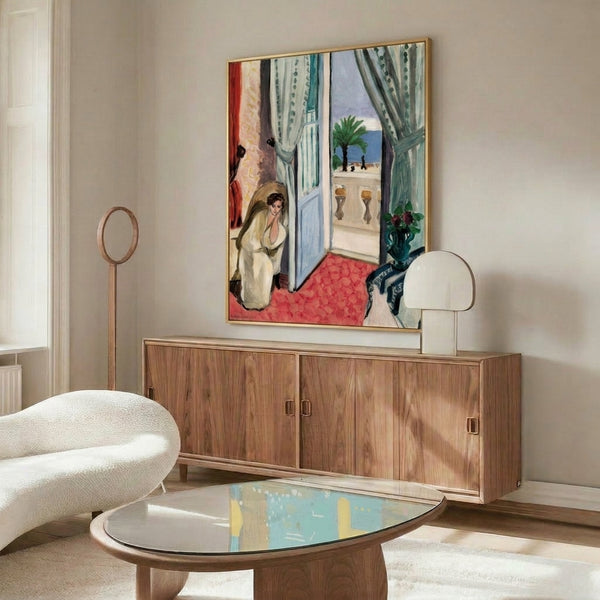Framed modernist interior scene by Matisse in soothing colors with flattened perspective and decorative patterns evoking a tranquil Mediterranean retreat.