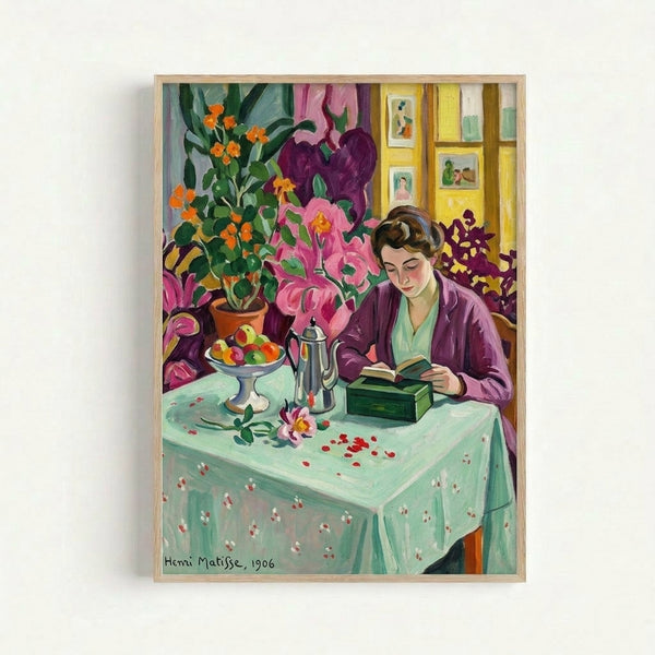 Matisse-style poster depicting an intimate interior moment with a focused girl reading, featuring vibrant flat color planes and decorative patterning typical of early modernist design.