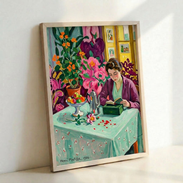 Wall-mounted art print showing a tranquil reading scene with a young figure in a sunlit interior, executed in expressive colors and loose brushwork characteristic of Fauvist aesthetics.