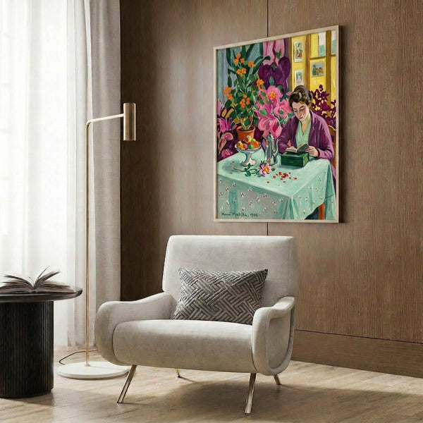 Wall poster of an intimate reading moment with a young figure surrounded by decorative interior elements, painted in vibrant hues with the simplified forms and expressive color of mid-century modern art.