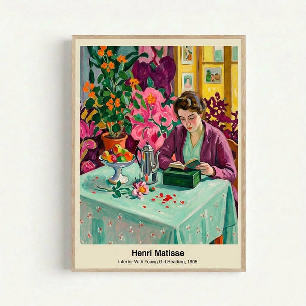Framed art print featuring a girl engrossed in a book within a vibrant room rendered in Impressionist style with bold yellows, whites, and blues evoking peaceful solitude.