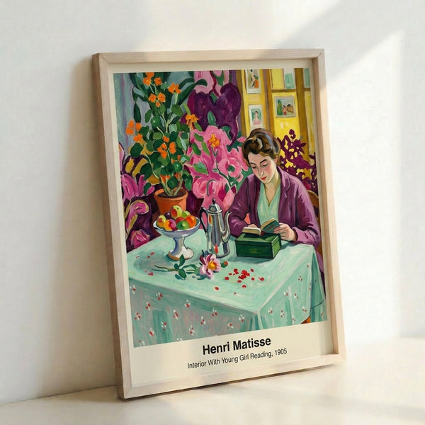 Modern Art Nouveau-influenced poster showing a young reader at a table surrounded by thoughtfully arranged furniture in a sun-filled interior with warm and cool color contrasts.