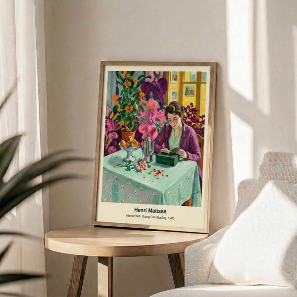 Matisse-style poster art of a young girl reading in a richly colored interior space with vibrant blue, red, and yellow tones expressing intimate domestic tranquility.