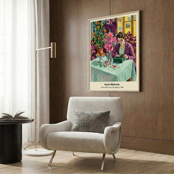 Framed print in modern Impressionist style showing a focused young reader in a carefully composed room featuring bold geometric color fields of white, green, red, and blue.