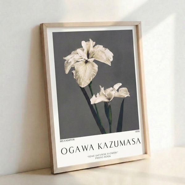 Serene framed poster showing a single iris bloom with graceful stem rendered in minimalist style using cream, gray, and dark green hues against a neutral background.
