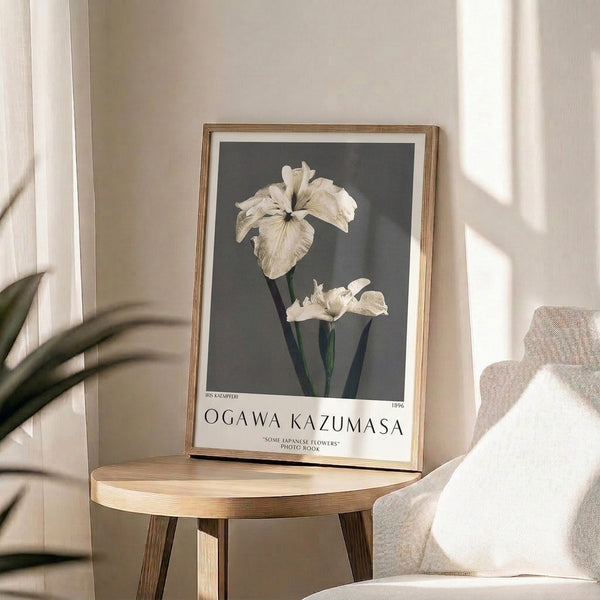 Framed minimalist iris print inspired by classical Japanese botanical illustration, executed in soft cream, charcoal, and muted green tones with scholarly simplicity.