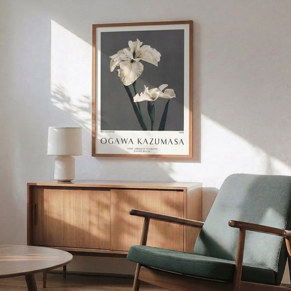 Elegant cream and gray framed iris botanical poster showcasing delicate line work and wabi-sabi sensibility with dark green foliage and pale yellow accents.