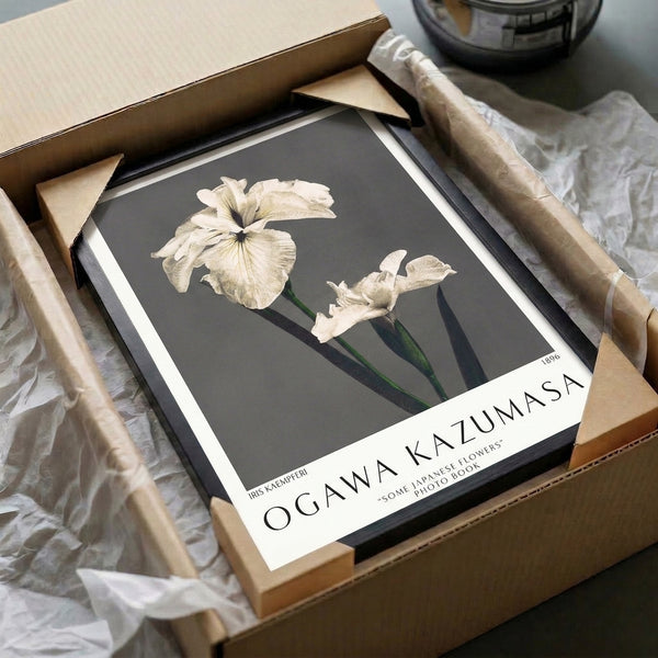 Serene Japandi-style framed art print of an iris flower with refined stem and leaves in muted charcoal, green, and cream tones evoking quiet botanical contemplation.
