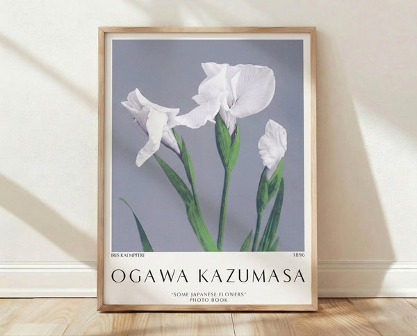 Framed Japandi botanical poster of a lavender iris with green stem and leaves on cream background, inspired by Ogawa Kazumasa's minimalist style.