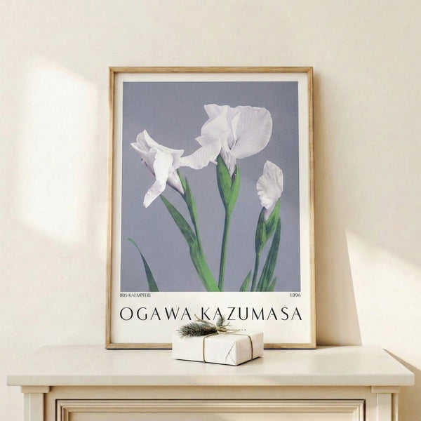 Japandi wall art displaying a single iris bloom with graceful stem in subdued lavender and green palette, calm and botanical in mood.