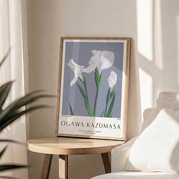 Serene iris Kaempferi poster in soft grays and greens, minimalist composition with naturalistic detail characteristic of Japandi style.