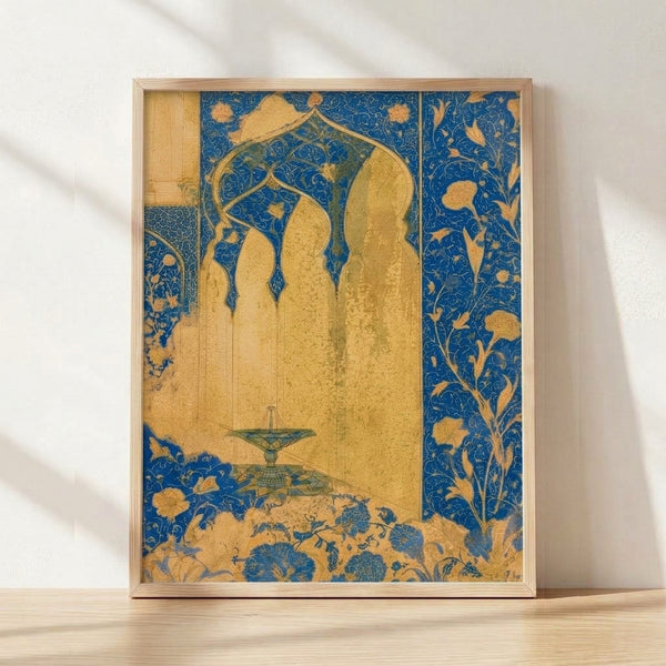 Framed Art Nouveau poster depicting a serene Persian palace archway with ornate details, lush garden flowers and plants, and a central fountain in deep blue, gold, and cream tones.