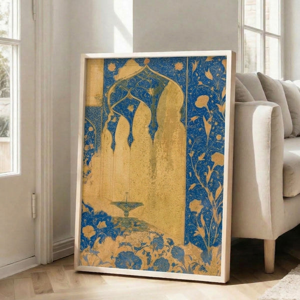 Vintage-style framed art print showing an elegant arched palace window overlooking a contemplative garden scene with blooming flowers and flowing fountain, rendered in rich ochre and deep blue hues.