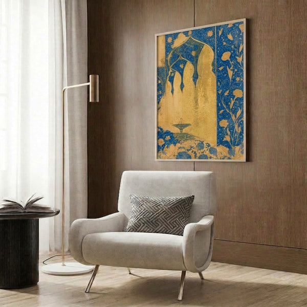 Framed decorative poster in Art Nouveau style featuring a luxurious palace arch opening onto a verdant garden with fountain and flowering plants in sophisticated cream, gold, and deep blue palette.