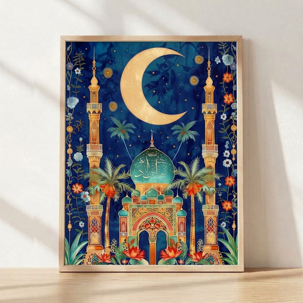 Serene art nouveau mosque illustration with crescent moon and stars in deep navy, gold, and turquoise, framed poster on wall with ornamental arabesques and botanical elements.