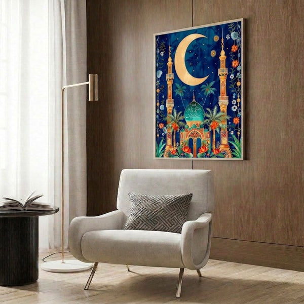 Enchanted Islamic wall print with intricately detailed minaret and dome rendered in deep blue and gold, accented by coral flowers and celestial motifs in peaceful art nouveau style.