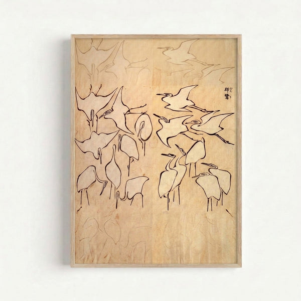 Woodblock-style line art depicting a crane with detailed wing feathers, executed in tan and brown ink with meditative naturalistic observation.