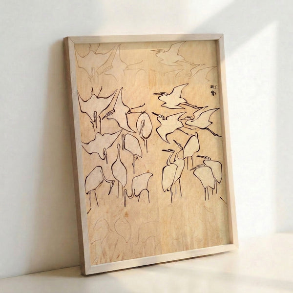 Framed poster of a crane study in Japanese ink technique, showing the bird's graceful posture and intricate linework in earthy tones.