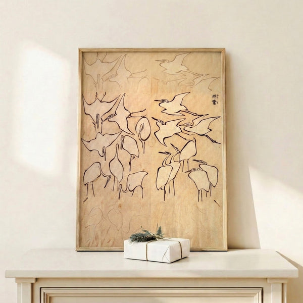 Japandi wall art featuring a crane rendered in traditional woodblock line drawing style with brown ink on cream-colored aged paper.