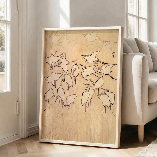 Japanese crane illustration in scholarly ink drawing style, capturing the bird's anatomy with fine linework in warm brown and tan hues.
