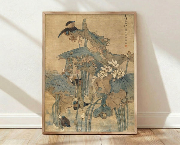 Serene Japanese woodblock art print featuring waterfowl among lotus plants and floating leaves in soft sage green, cream, and blue tones, creating a meditative natural scene.