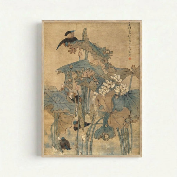 Framed Japandi-style poster displaying birds and lotus flowers in a tranquil pond setting with muted ochre, charcoal, and soft blue palette.