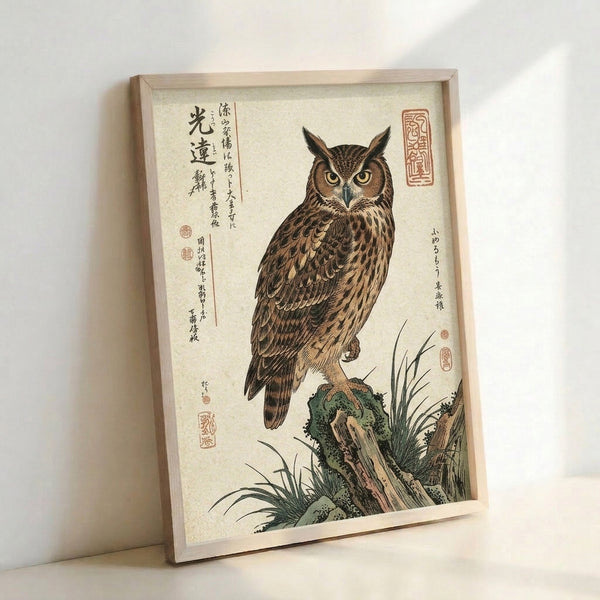 Wall-mounted poster of a Japanese woodblock owl composition showing the bird in a natural setting with reeds and rocky terrain, executed in warm creams and dark browns with fine detail work.