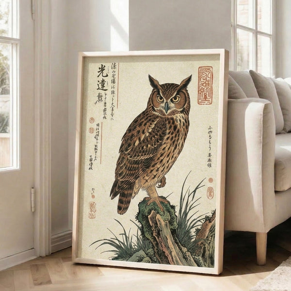 Framed Japanese bird art print in classic ukiyo-e tradition, showcasing an owl amid naturalistic landscape elements in subtle cream, black, and sage green hues.