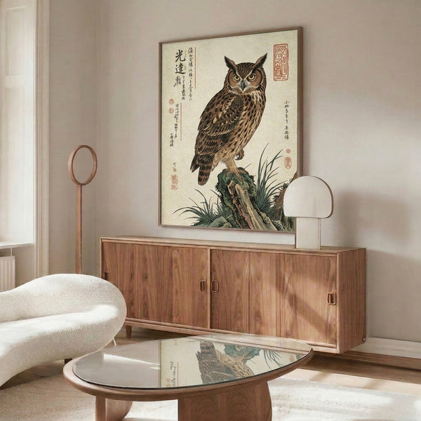 Traditional kacho-e wall print depicting a contemplative owl in its natural habitat, featuring layered botanical details and the muted, sophisticated color palette of classic Japanese woodblock art.