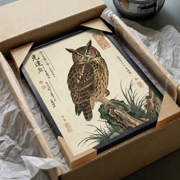 Framed artwork in the Japanese woodblock tradition, featuring an attentive owl amid naturalistic flora and rocky terrain, rendered in earthy creams, blacks, browns, and olive greens.