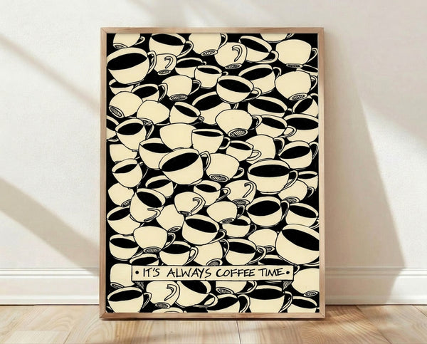 Retro vintage poster featuring a cream and black coffee cup with cheerful lettering, framed on a wall as cozy kitchen decor for coffee lovers.