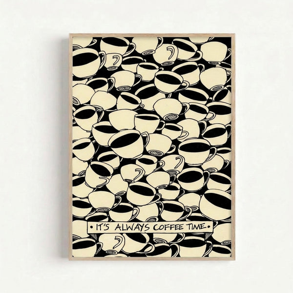 Nostalgic coffee-themed art print in cream, black, and off-white tones, displaying a classic coffee cup design with vintage charm.