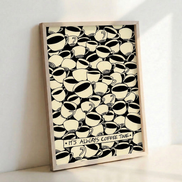 Vintage-style framed poster celebrating coffee culture with warm cream and black colors, perfect for kitchen walls and coffee bar spaces.