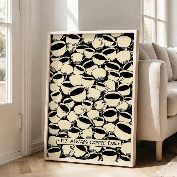 Cheerful retro coffee cup illustration in cream and black, presented as a framed wall print with nostalgic appeal.