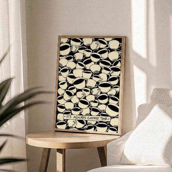 Cozy vintage coffee poster featuring classic lettering and a charming coffee cup design in cream, black, and off-white hues.