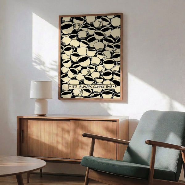 Retro kitchen art print with a coffee cup motif in warm cream and black tones, evoking nostalgic coffee shop vibes.