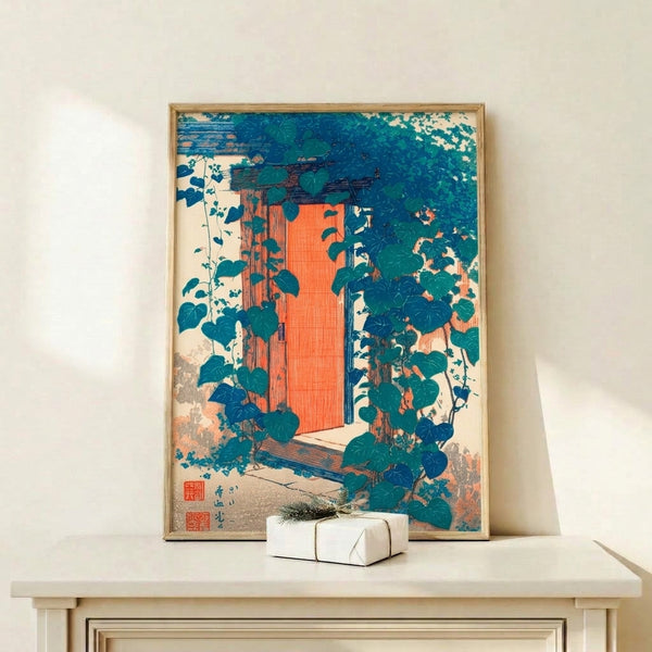 Japandi art print showing an architectural doorway entrance entwined with climbing ivy and foliage, created in classic woodblock style with navy blue, coral red, and soft cream colors.