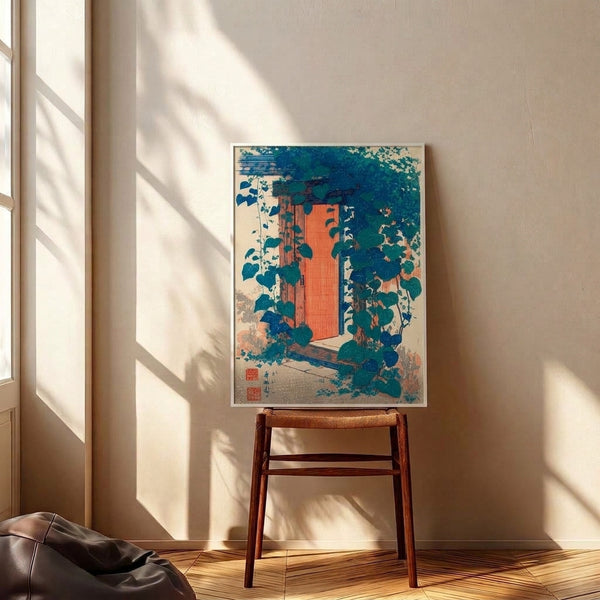 Japanese woodblock art print of a serene ivy-laden doorway opening, rendered with traditional carving techniques and a calming color scheme of cream, navy, and warm rust accents.