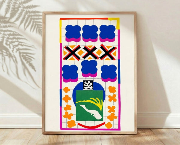 Framed minimalist line art poster inspired by Matisse, featuring an abstracted snail among blooming ivy flowers in soft pastels and black outlines on a light background.