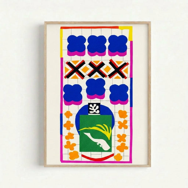 Abstract floral poster with a snail motif rendered in simple curved lines and muted botanical tones, displayed as a framed art print.
