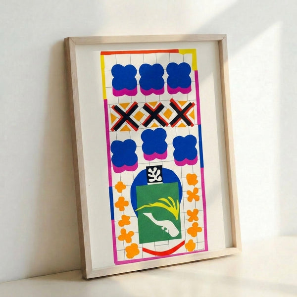 Matisse-style line drawing of ivy in bloom with an elegant snail, composed in soft greens, blues, and warm accents with bold organic contours.