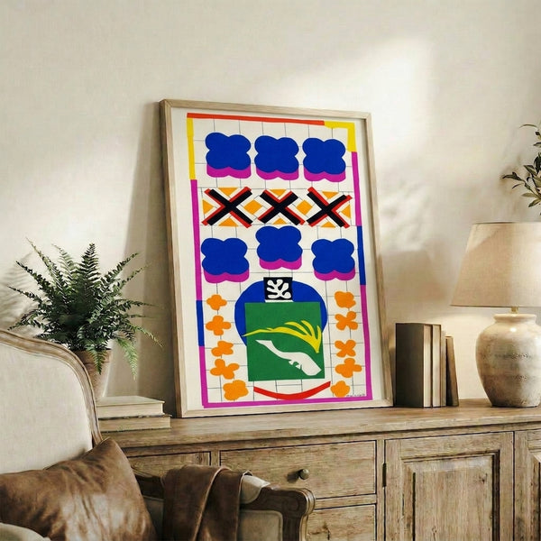Minimalist framed poster depicting a snail moving through flowering ivy, executed in Matisse-inspired cutout style with soft watercolor pastels and clean lines.