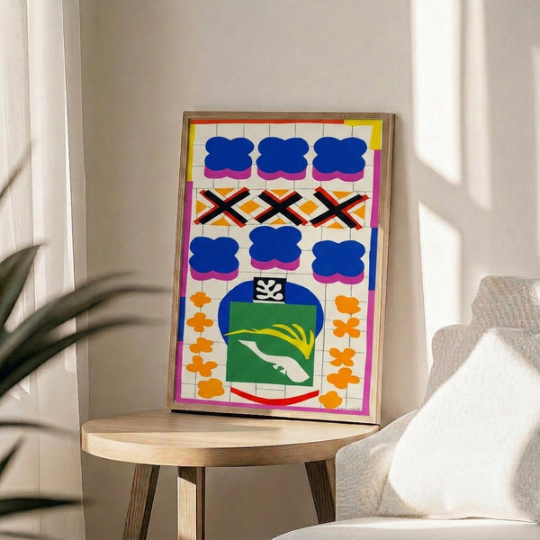 Botanical line art print showing ivy flowers and a detailed snail, composed in an abstract modernist style with muted greens, blues, and warm neutral tones.